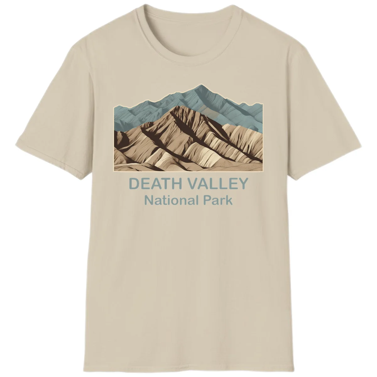 Vintage-style illustration of Death Valley badlands with layered tan and brown striped mountains, teal peaks in background, and text reading Death Valley National Park. in Sand