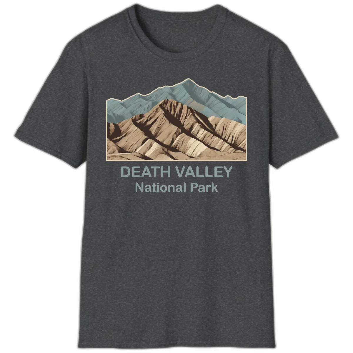 Vintage-style illustration of Death Valley badlands with layered tan and brown striped mountains, teal peaks in background, and text reading Death Valley National Park. in Dark Heather