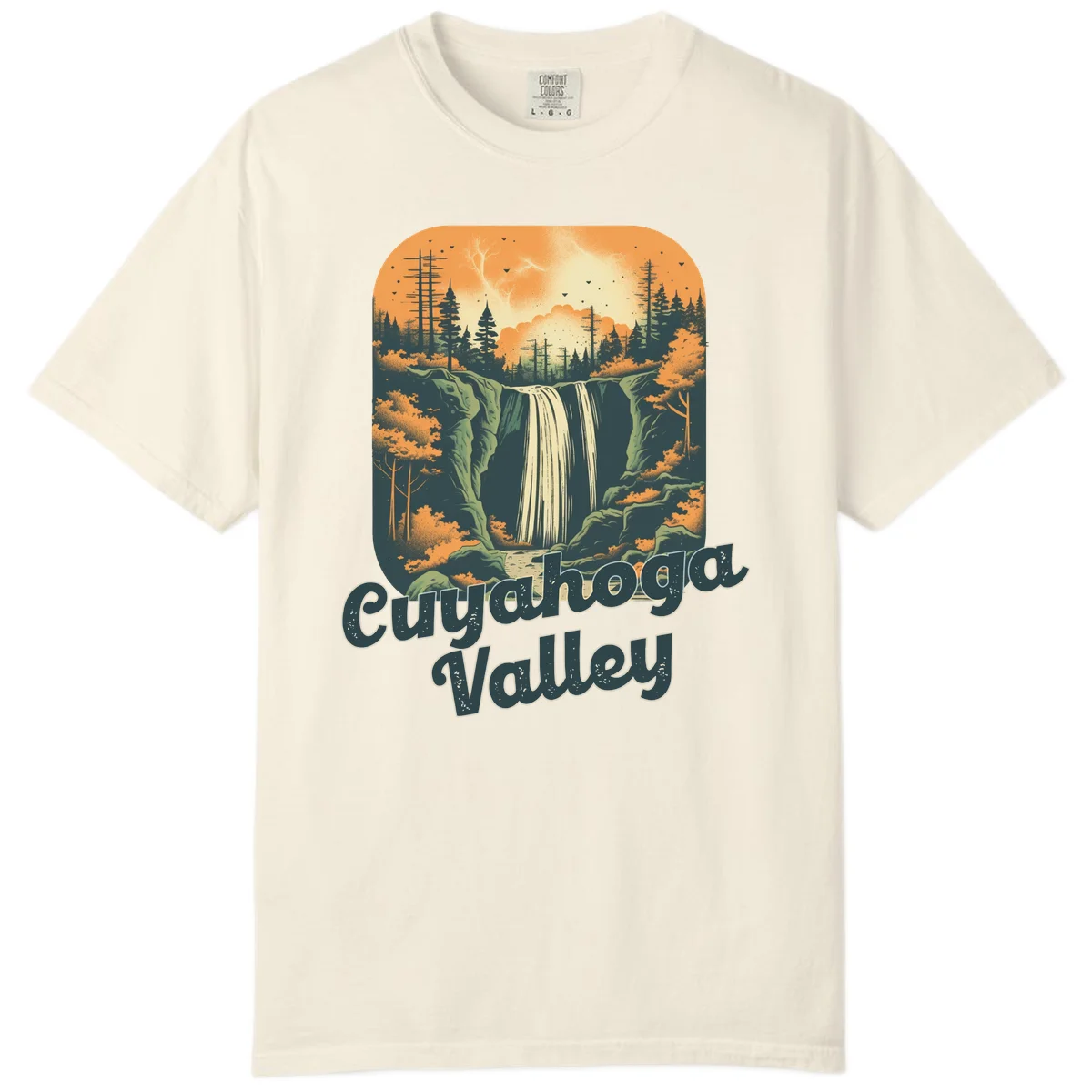 Vintage-style illustration of Eureka Valley waterfall with cliffs, evergreen trees, and autumn colors against warm orange sky in Ivory