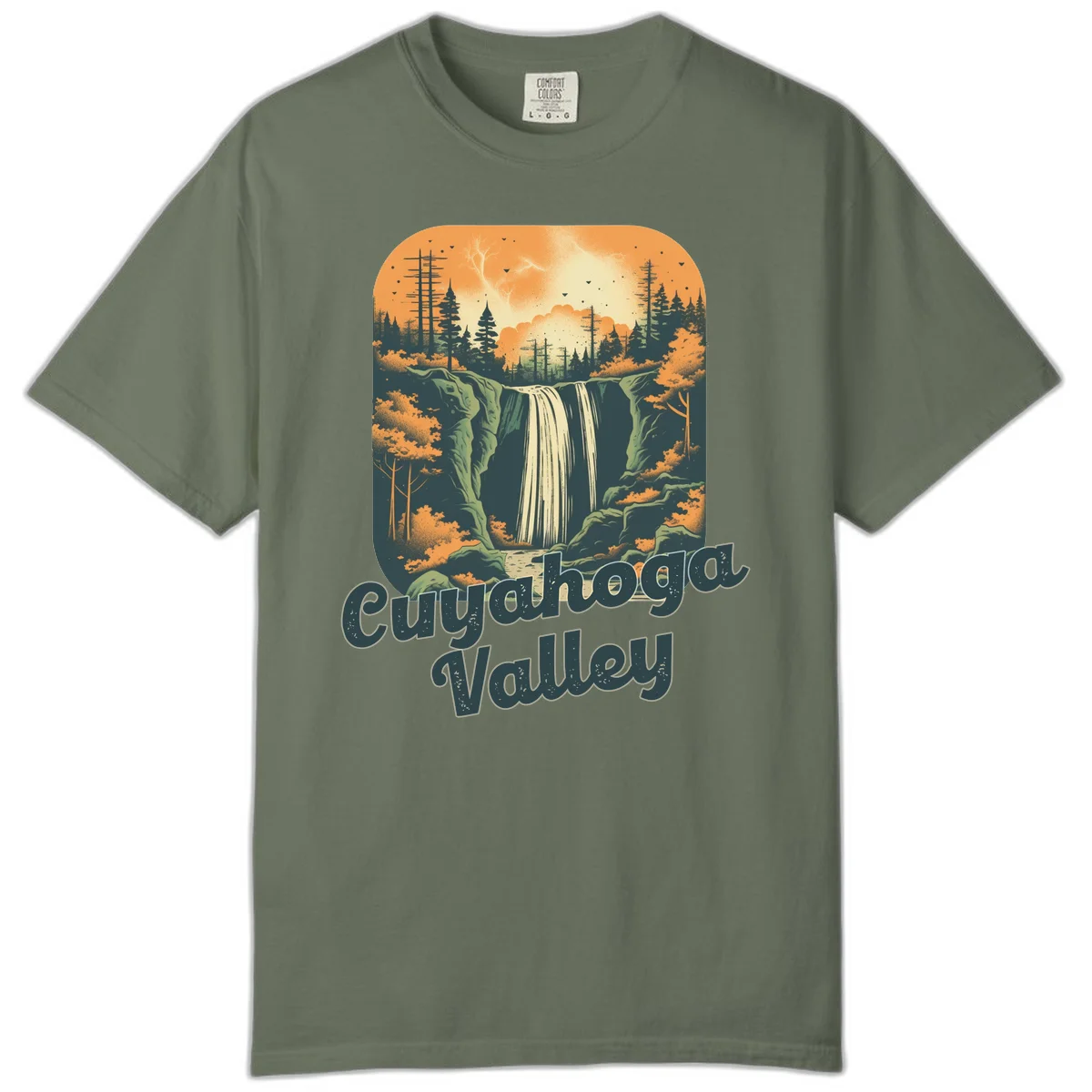 Vintage-style illustration of Eureka Valley waterfall with cliffs, evergreen trees, and autumn colors against warm orange sky in Moss