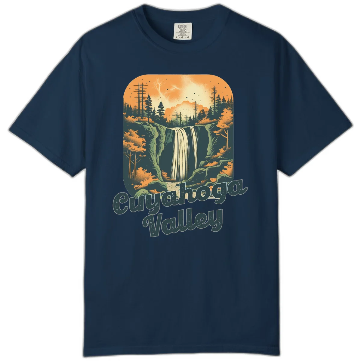 Vintage-style illustration of Eureka Valley waterfall with cliffs, evergreen trees, and autumn colors against warm orange sky in True Navy