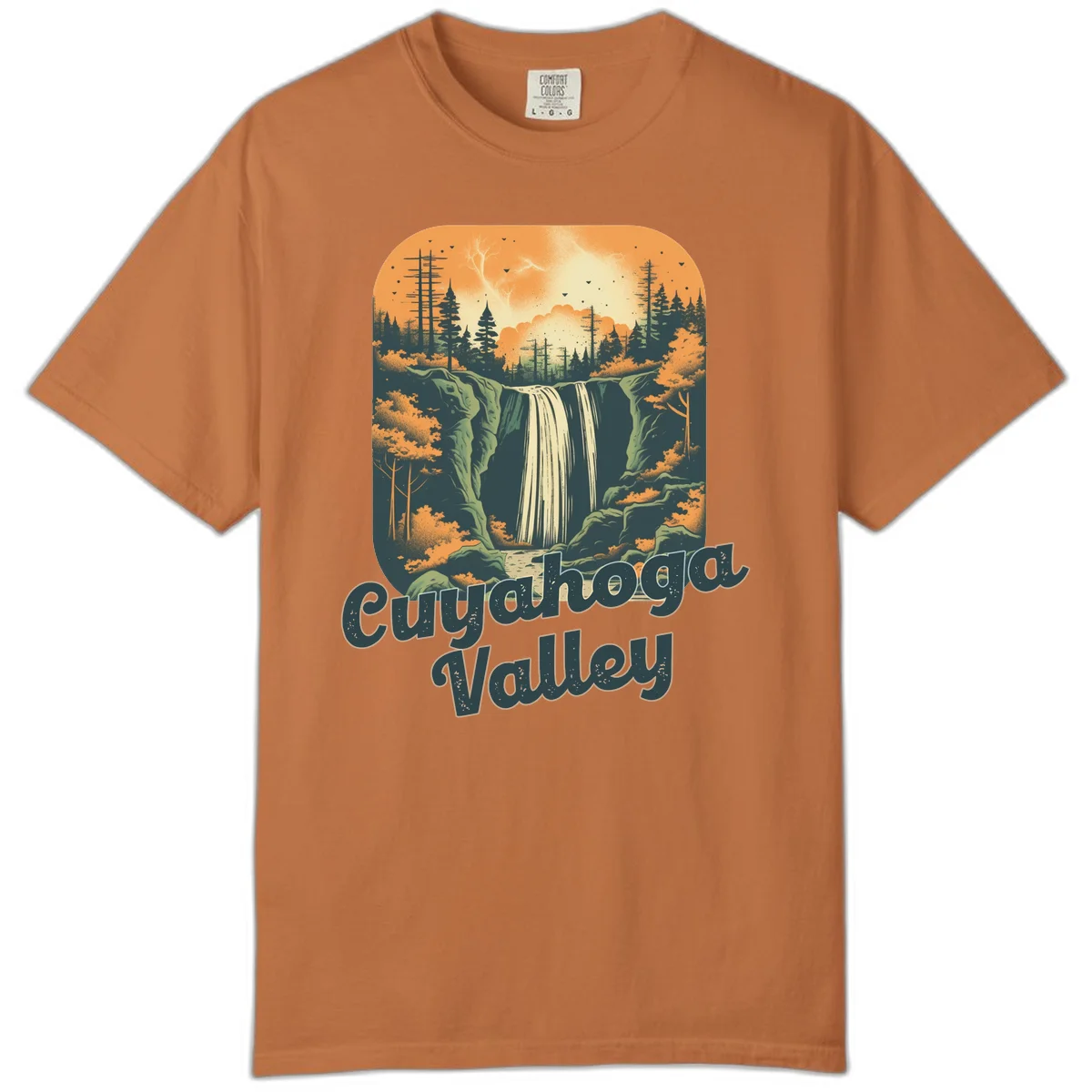 Vintage-style illustration of Eureka Valley waterfall with cliffs, evergreen trees, and autumn colors against warm orange sky in Yam