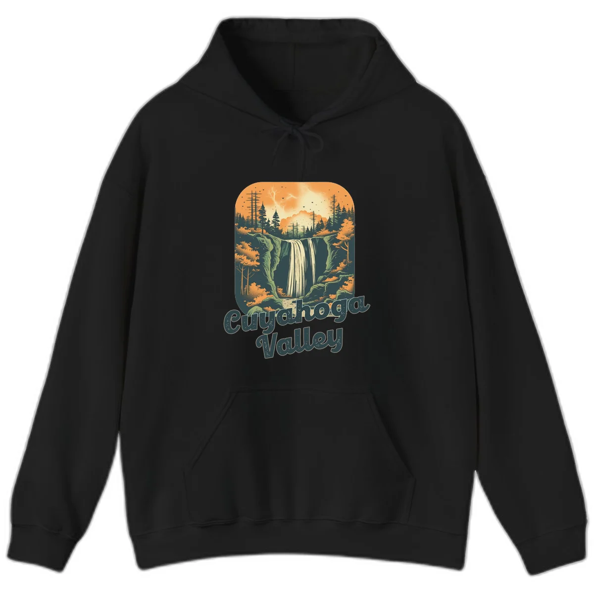 Vintage-style illustration of Eureka Valley waterfall with cliffs, evergreen trees, and autumn colors against warm orange sky in Black