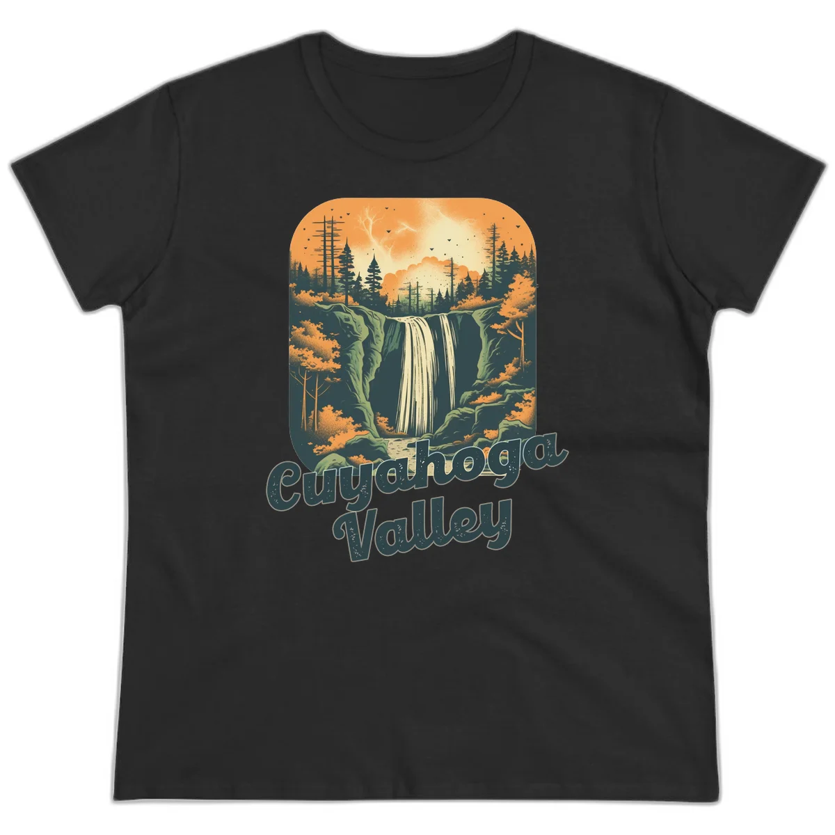 Vintage-style illustration of Eureka Valley waterfall with cliffs, evergreen trees, and autumn colors against warm orange sky in Black