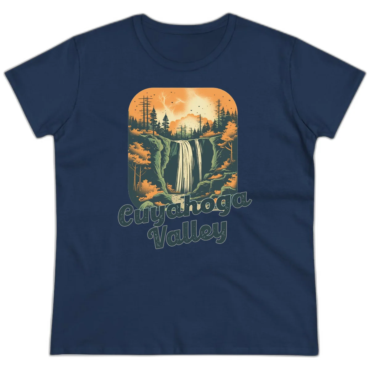 Vintage-style illustration of Eureka Valley waterfall with cliffs, evergreen trees, and autumn colors against warm orange sky in Navy