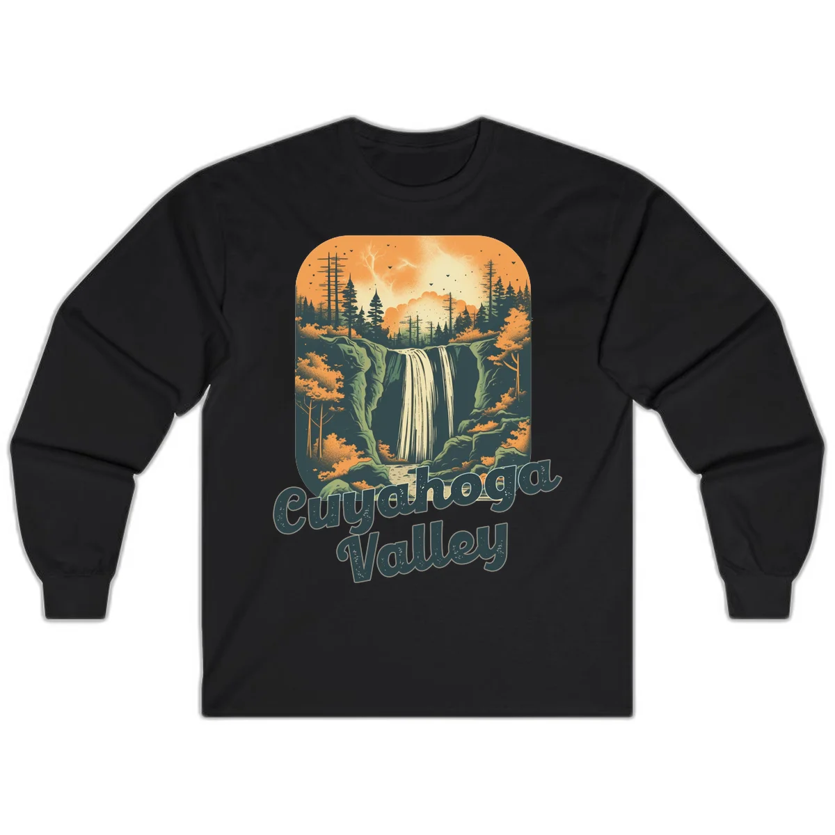 Vintage-style illustration of Eureka Valley waterfall with cliffs, evergreen trees, and autumn colors against warm orange sky in Black