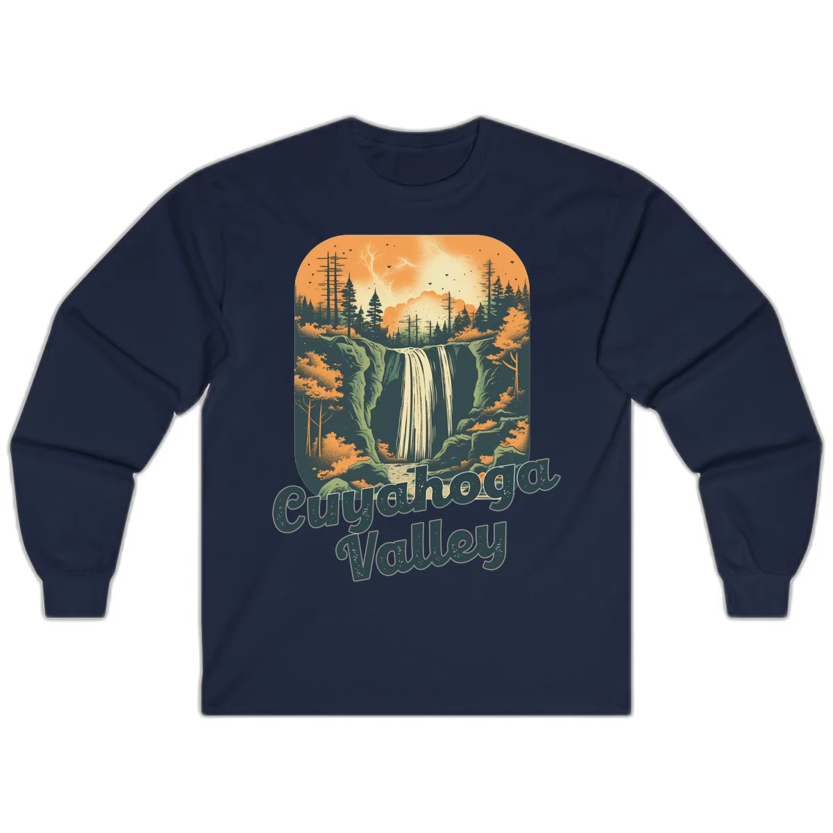 Vintage-style illustration of Eureka Valley waterfall with cliffs, evergreen trees, and autumn colors against warm orange sky in Navy