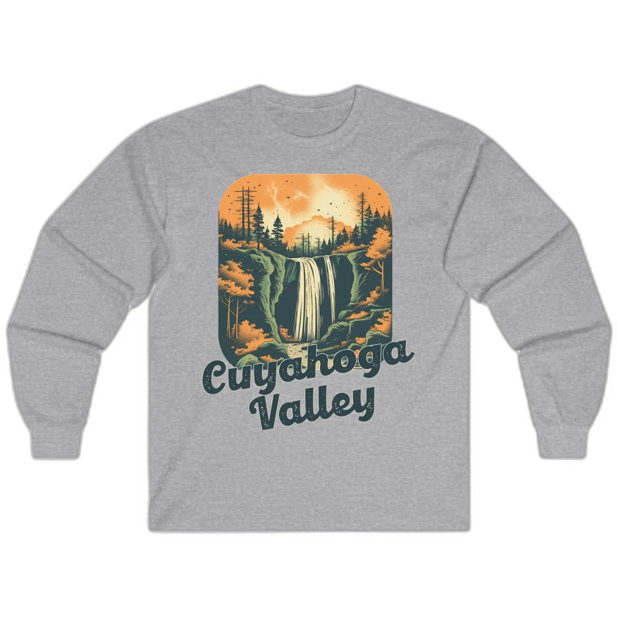 Vintage-style illustration of Eureka Valley waterfall with cliffs, evergreen trees, and autumn colors against warm orange sky in Sport Grey