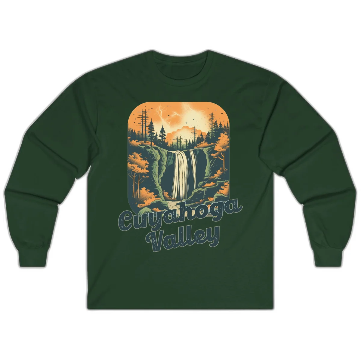 Vintage-style illustration of Eureka Valley waterfall with cliffs, evergreen trees, and autumn colors against warm orange sky in Forest Green