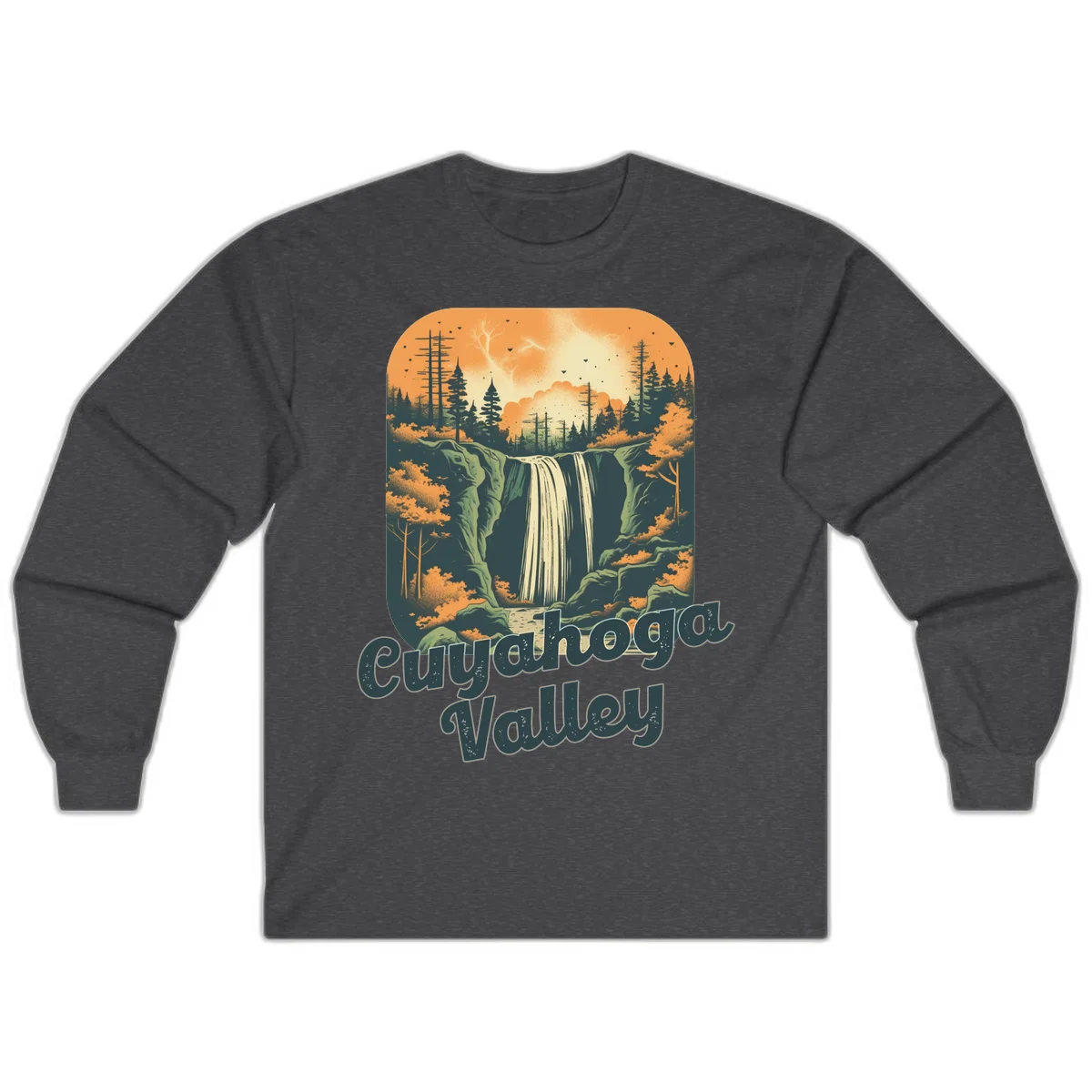 Vintage-style illustration of Eureka Valley waterfall with cliffs, evergreen trees, and autumn colors against warm orange sky in Dark Heather