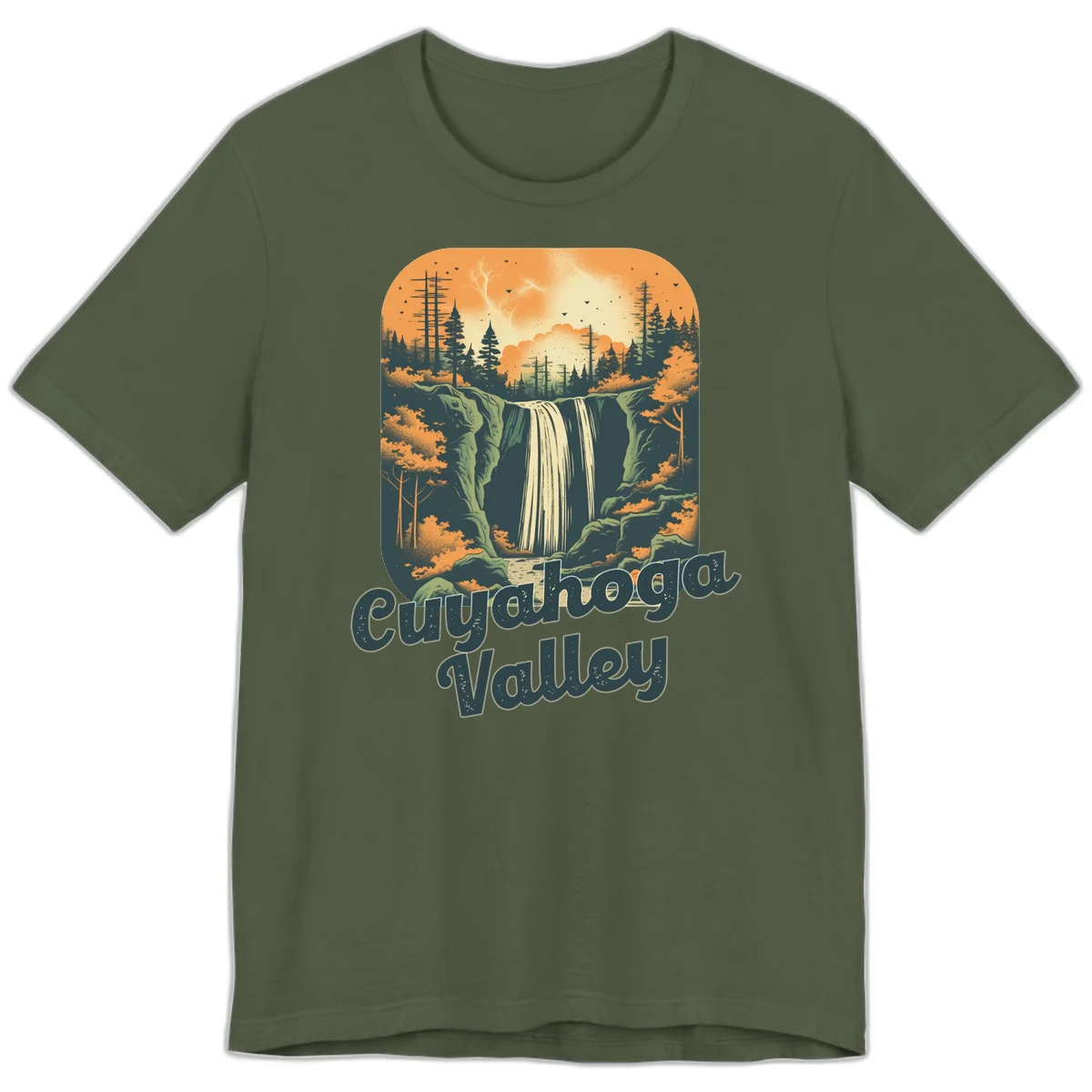 Vintage-style illustration of Eureka Valley waterfall with cliffs, evergreen trees, and autumn colors against warm orange sky in Military Green