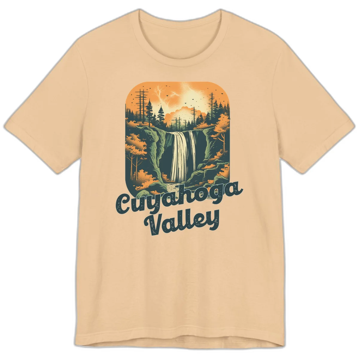 Vintage-style illustration of Eureka Valley waterfall with cliffs, evergreen trees, and autumn colors against warm orange sky in Sand Dune