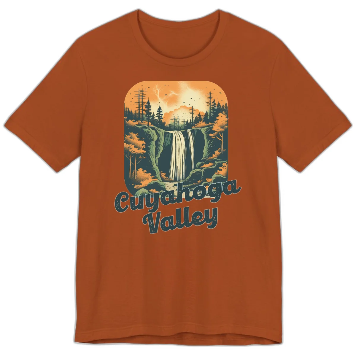 Vintage-style illustration of Eureka Valley waterfall with cliffs, evergreen trees, and autumn colors against warm orange sky in Autumn