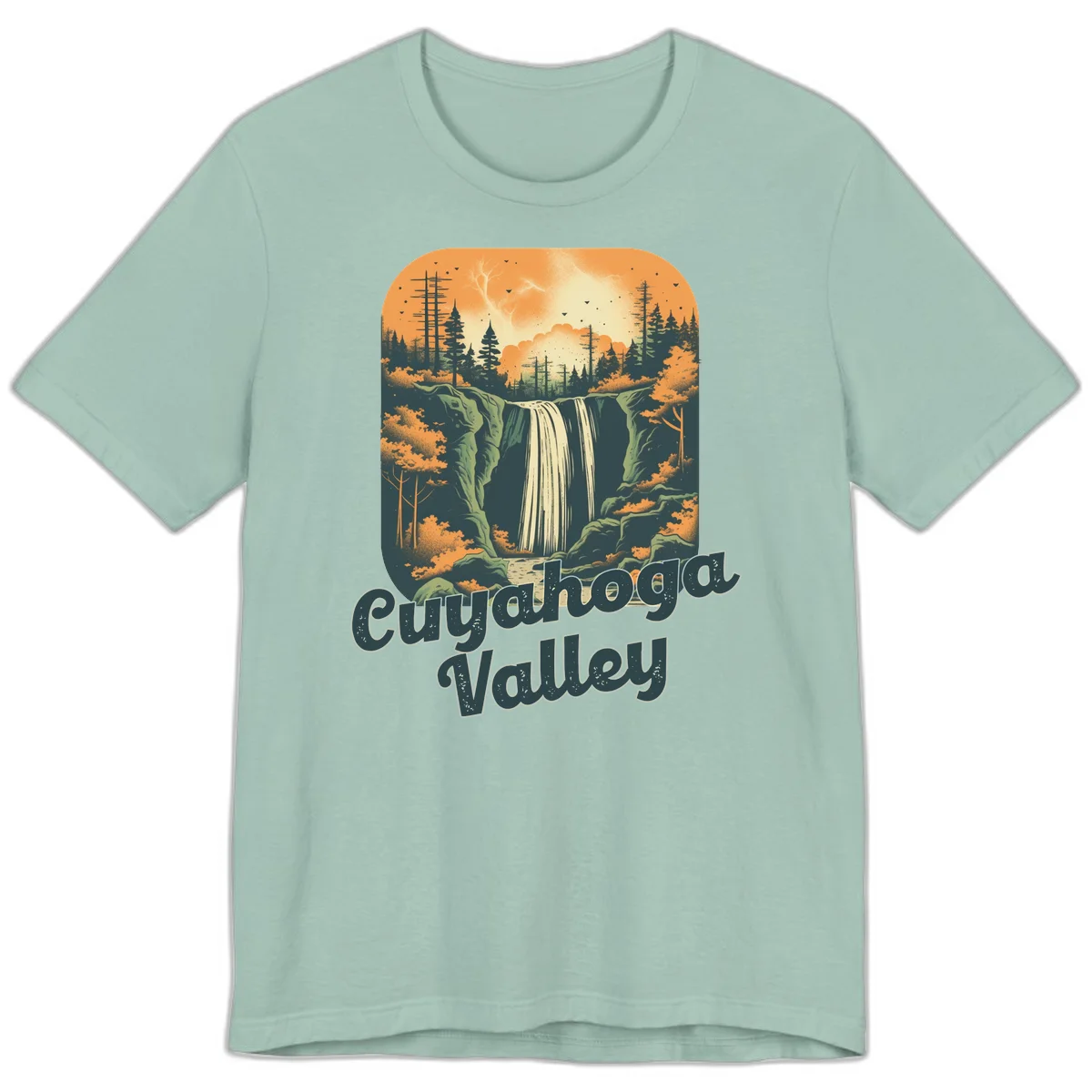 Vintage-style illustration of Eureka Valley waterfall with cliffs, evergreen trees, and autumn colors against warm orange sky in Dusty Blue