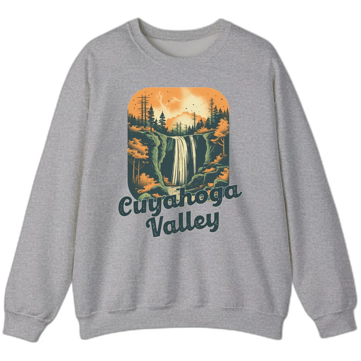 Vintage-style illustration of Eureka Valley waterfall with cliffs, evergreen trees, and autumn colors against warm orange sky in Sport Grey