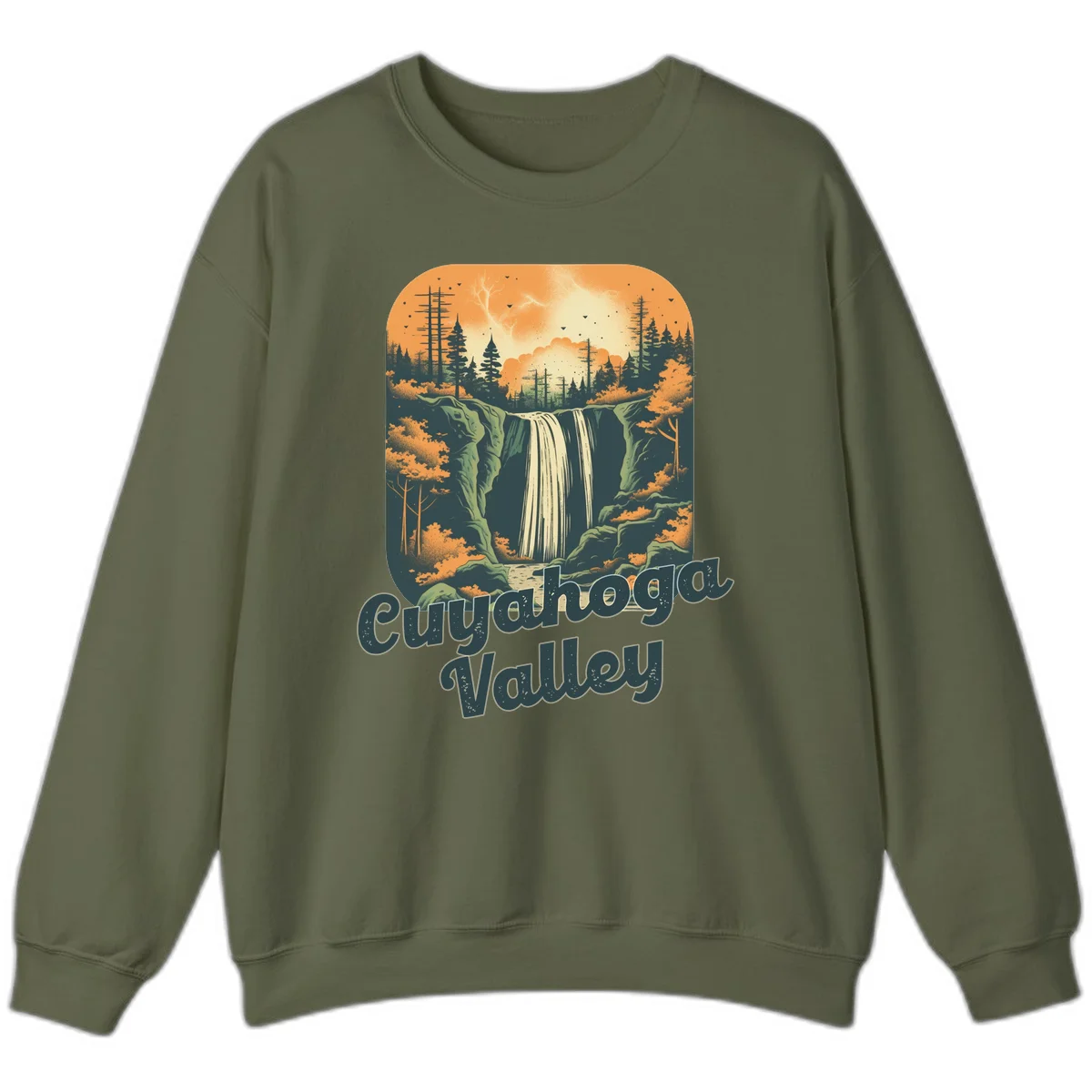Vintage-style illustration of Eureka Valley waterfall with cliffs, evergreen trees, and autumn colors against warm orange sky in Military Green