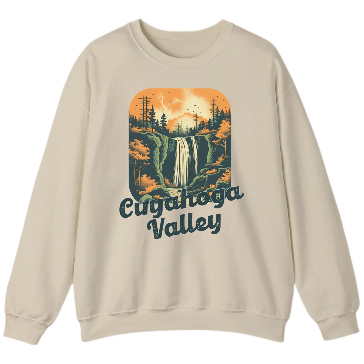 Vintage-style illustration of Eureka Valley waterfall with cliffs, evergreen trees, and autumn colors against warm orange sky in Sand