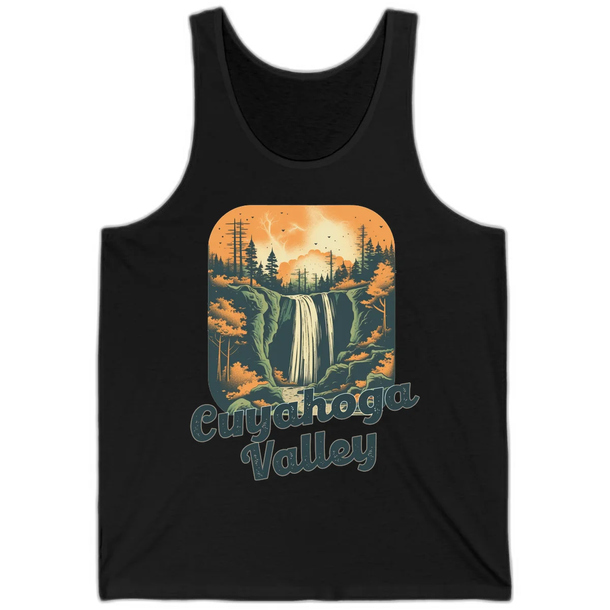 Vintage-style illustration of Eureka Valley waterfall with cliffs, evergreen trees, and autumn colors against warm orange sky in Black