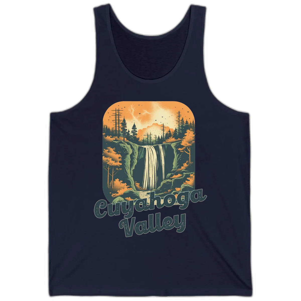 Vintage-style illustration of Eureka Valley waterfall with cliffs, evergreen trees, and autumn colors against warm orange sky in Navy