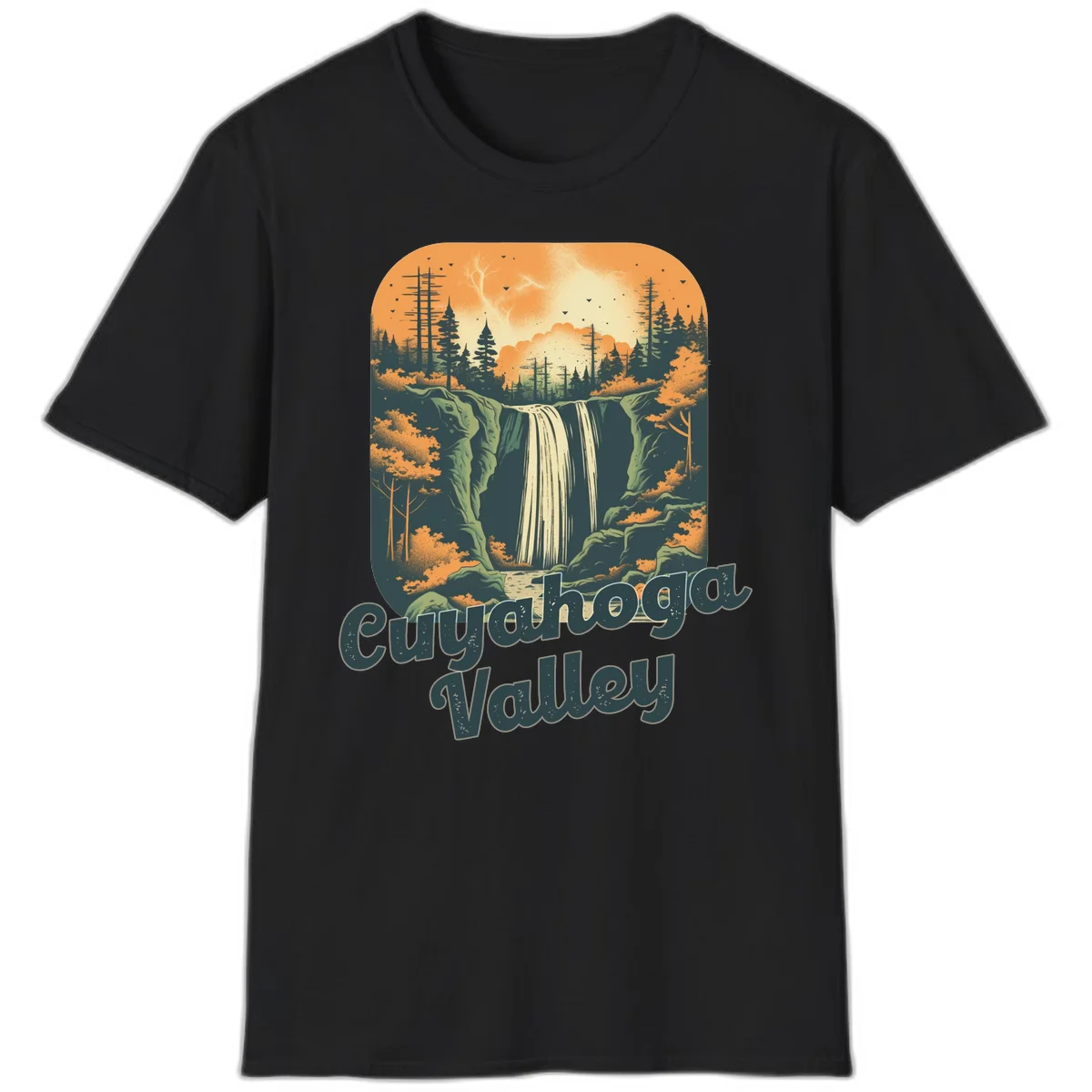 Vintage-style illustration of Eureka Valley waterfall with cliffs, evergreen trees, and autumn colors against warm orange sky in Black