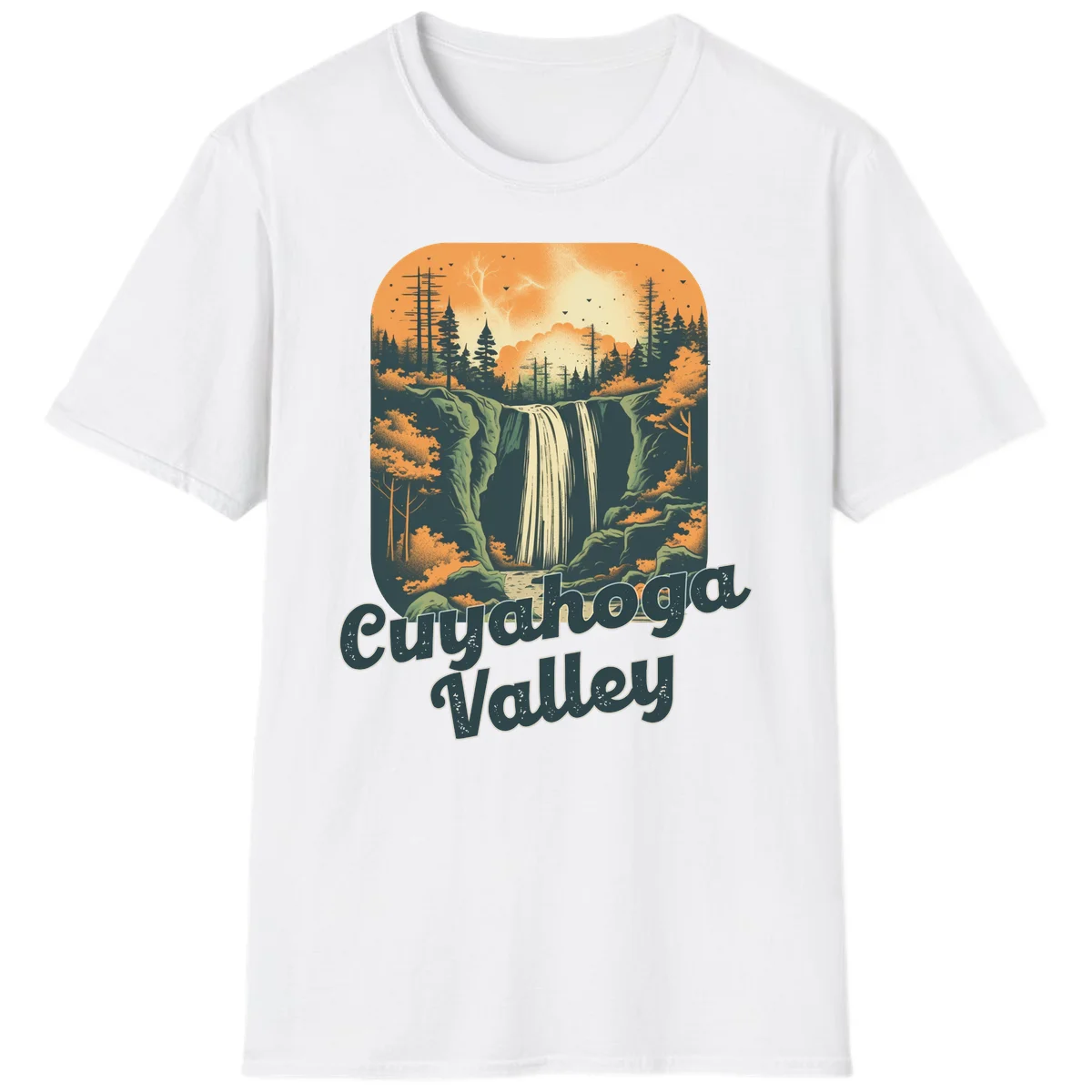 Vintage-style illustration of Eureka Valley waterfall with cliffs, evergreen trees, and autumn colors against warm orange sky in White