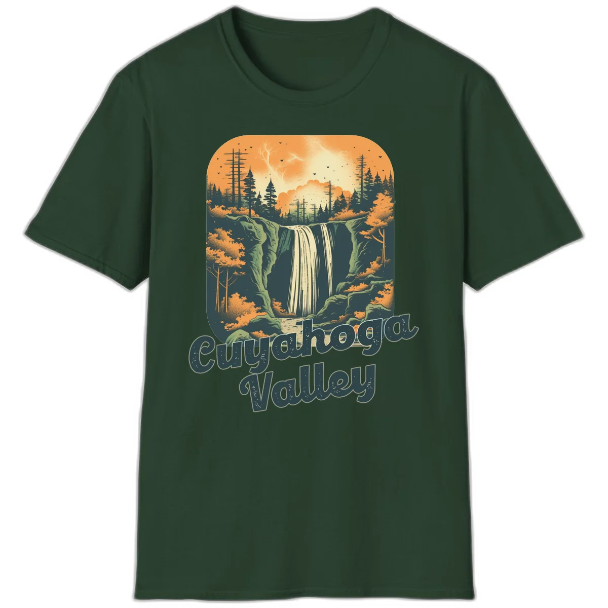 Vintage-style illustration of Eureka Valley waterfall with cliffs, evergreen trees, and autumn colors against warm orange sky in Forest Green