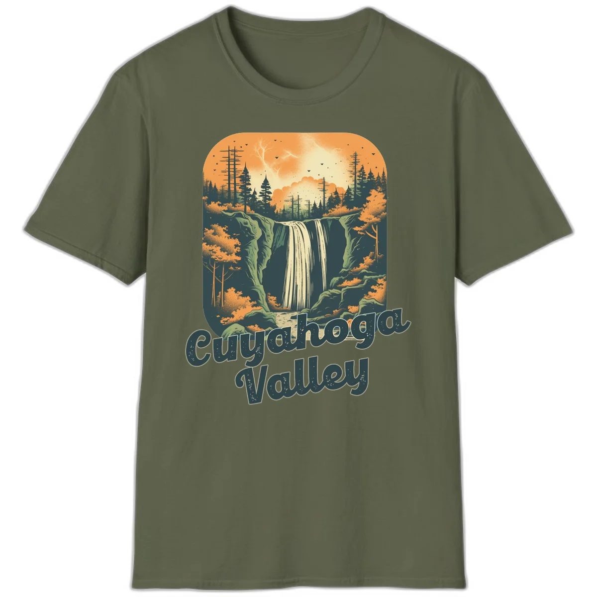 Vintage-style illustration of Eureka Valley waterfall with cliffs, evergreen trees, and autumn colors against warm orange sky in Military Green