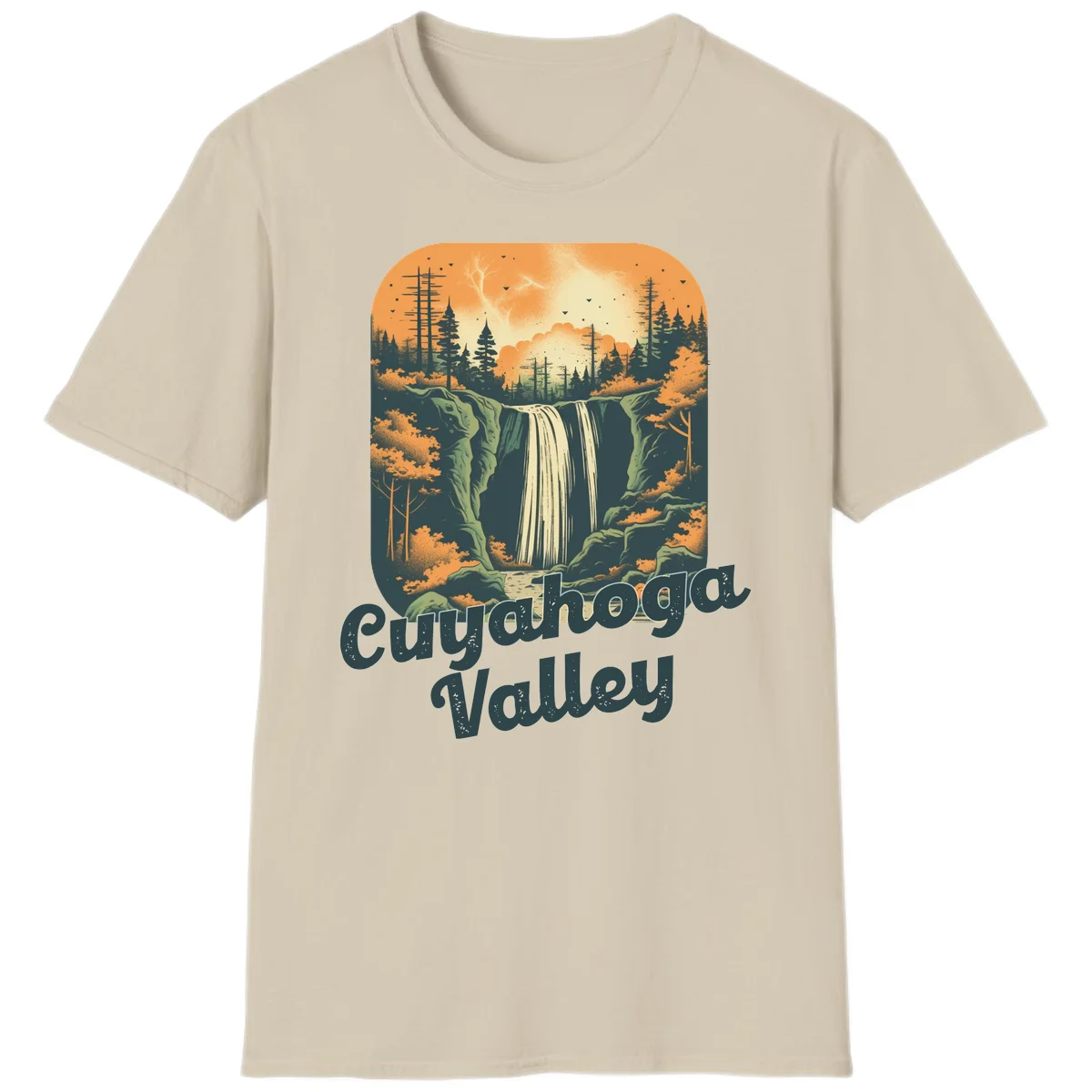 Vintage-style illustration of Eureka Valley waterfall with cliffs, evergreen trees, and autumn colors against warm orange sky in Sand