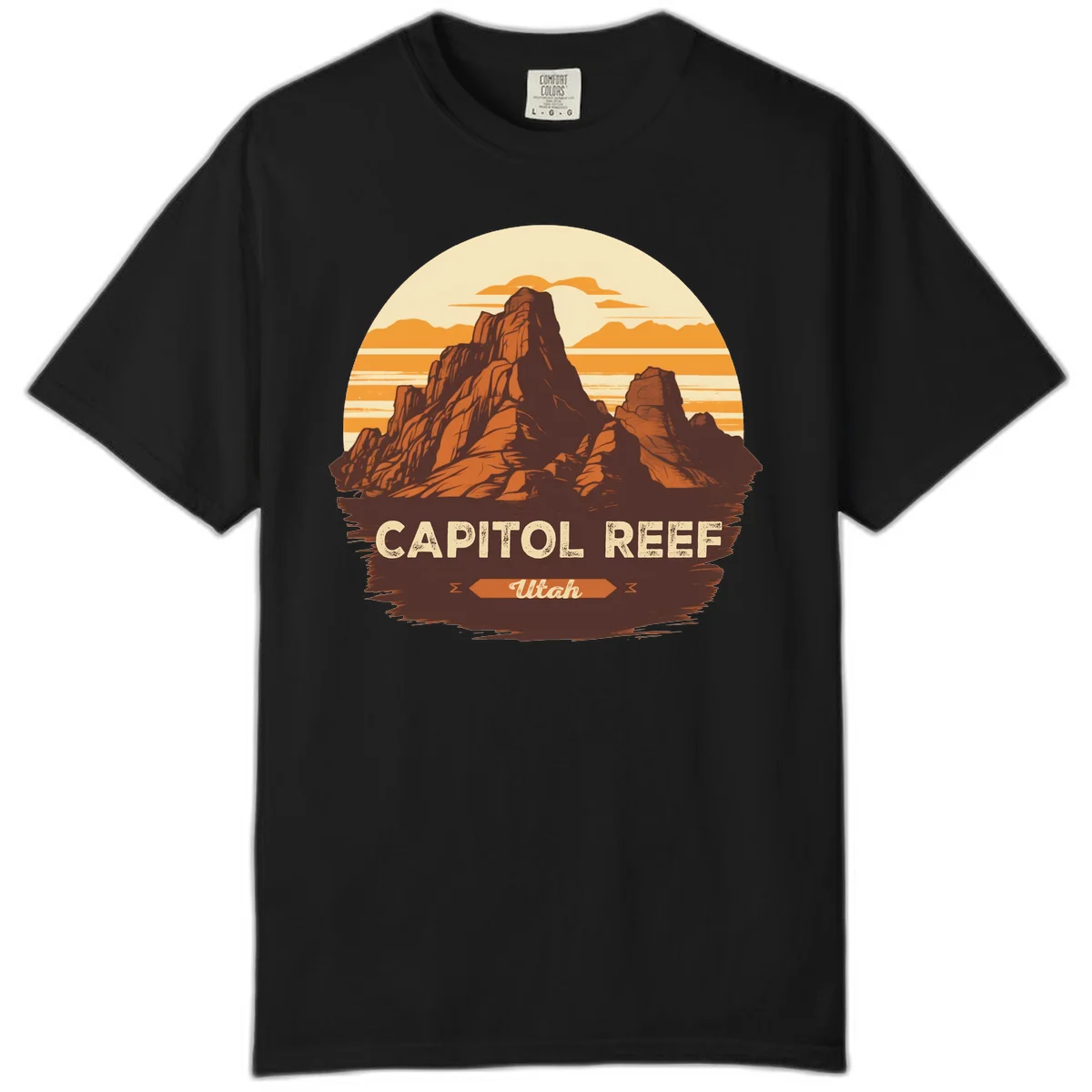 Vintage-style illustration of Capitol Reef Utah's dramatic desert rock formations and buttes against an orange sunset sky with cream clouds in Black