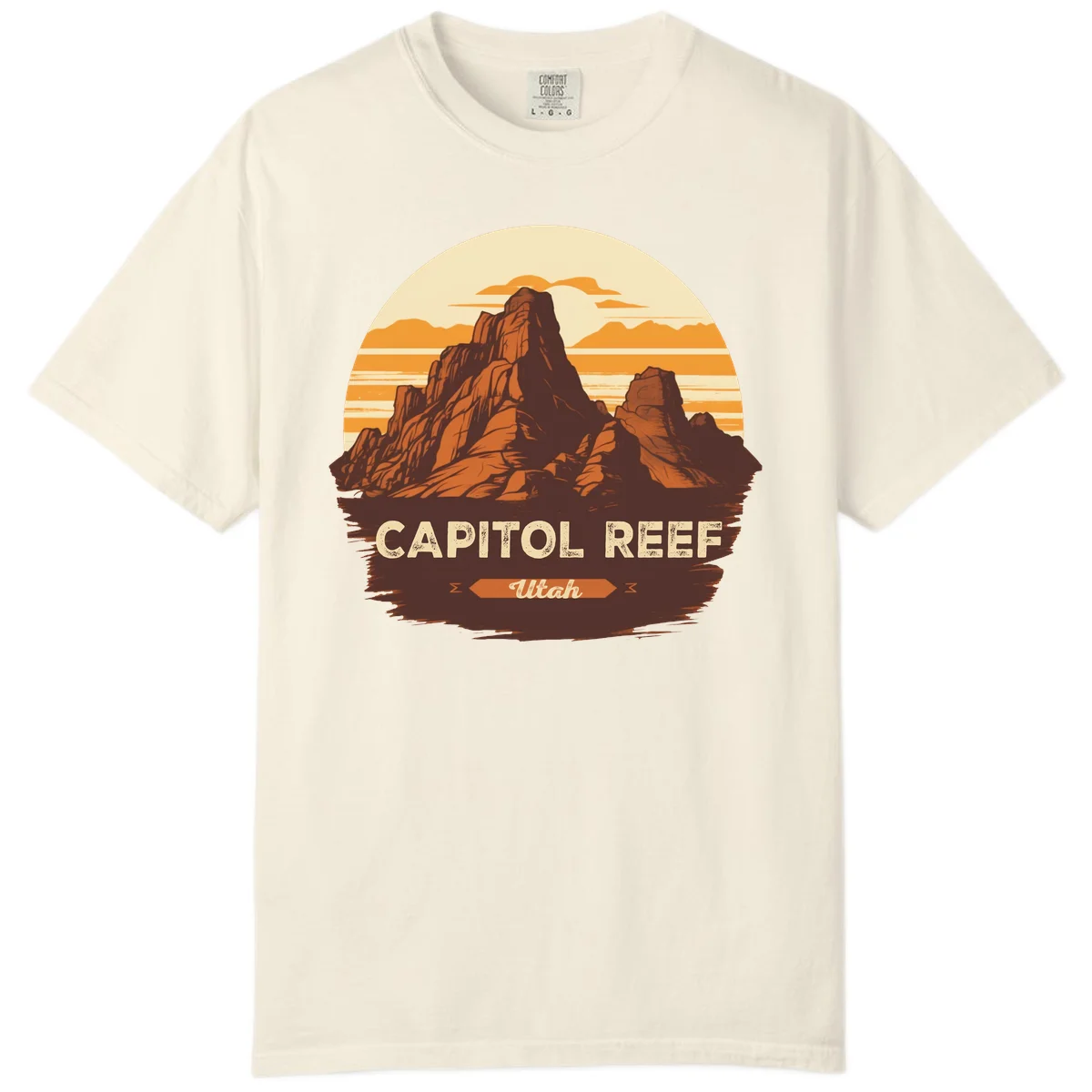 Vintage-style illustration of Capitol Reef Utah's dramatic desert rock formations and buttes against an orange sunset sky with cream clouds in Ivory
