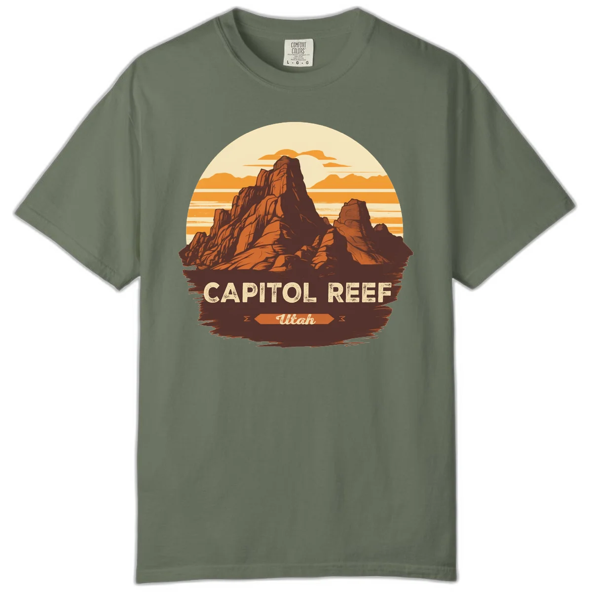 Vintage-style illustration of Capitol Reef Utah's dramatic desert rock formations and buttes against an orange sunset sky with cream clouds in Moss