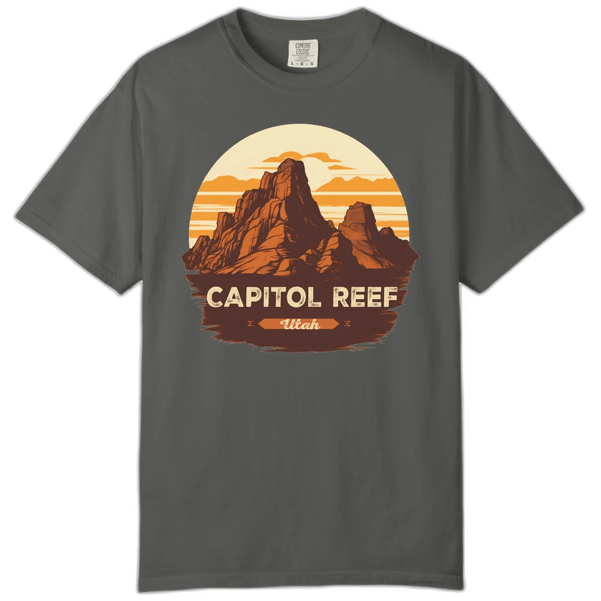 Vintage-style illustration of Capitol Reef Utah's dramatic desert rock formations and buttes against an orange sunset sky with cream clouds in Pepper