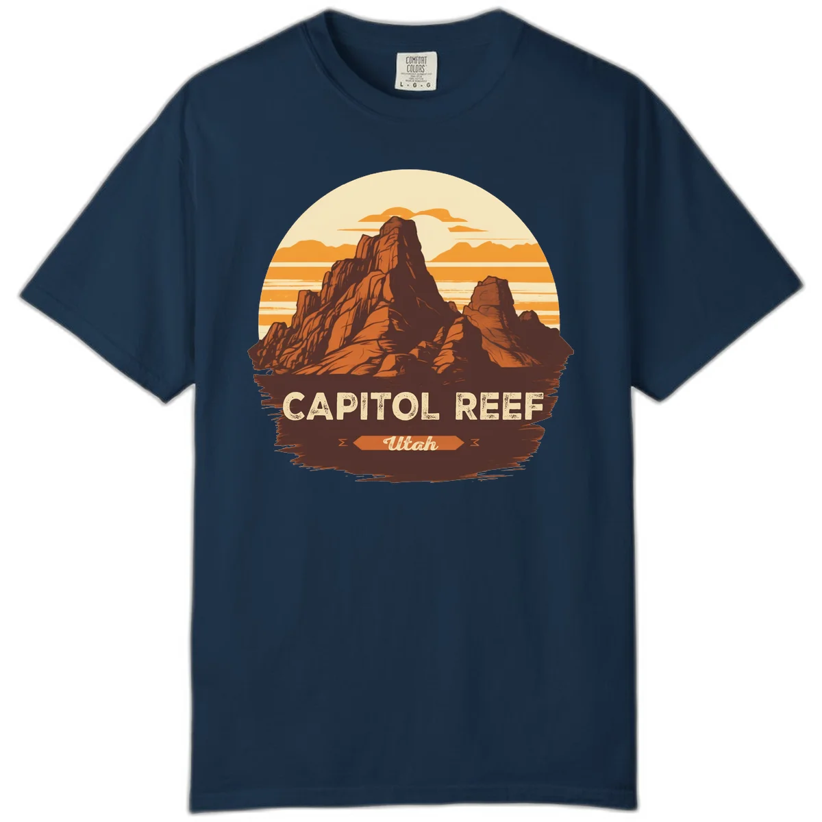 Vintage-style illustration of Capitol Reef Utah's dramatic desert rock formations and buttes against an orange sunset sky with cream clouds in True Navy