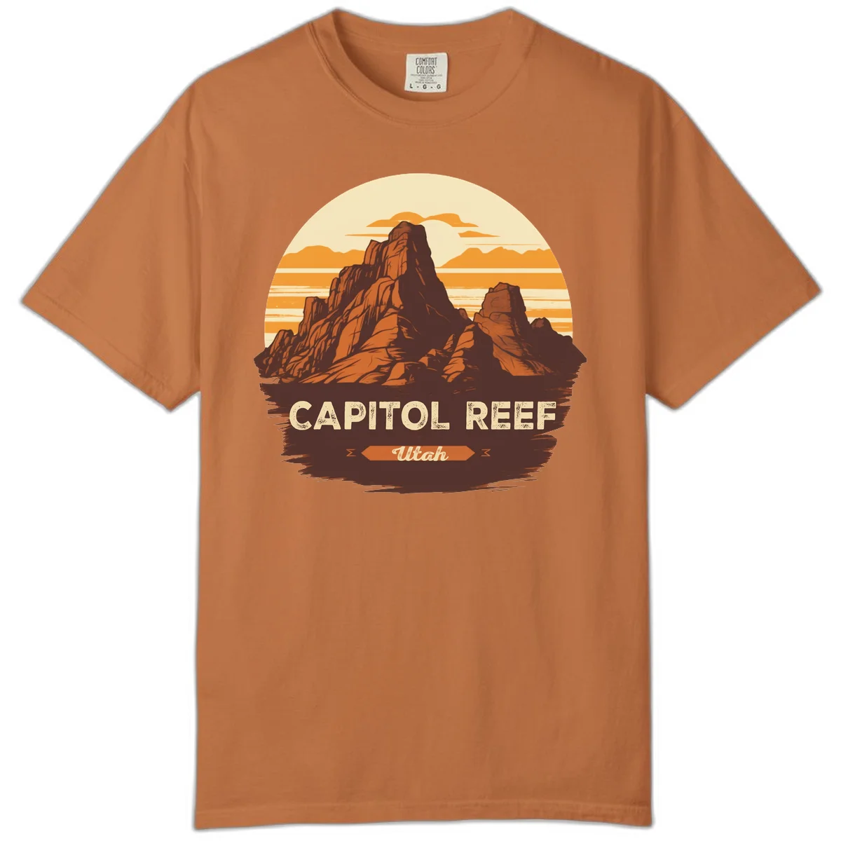 Vintage-style illustration of Capitol Reef Utah's dramatic desert rock formations and buttes against an orange sunset sky with cream clouds in Yam