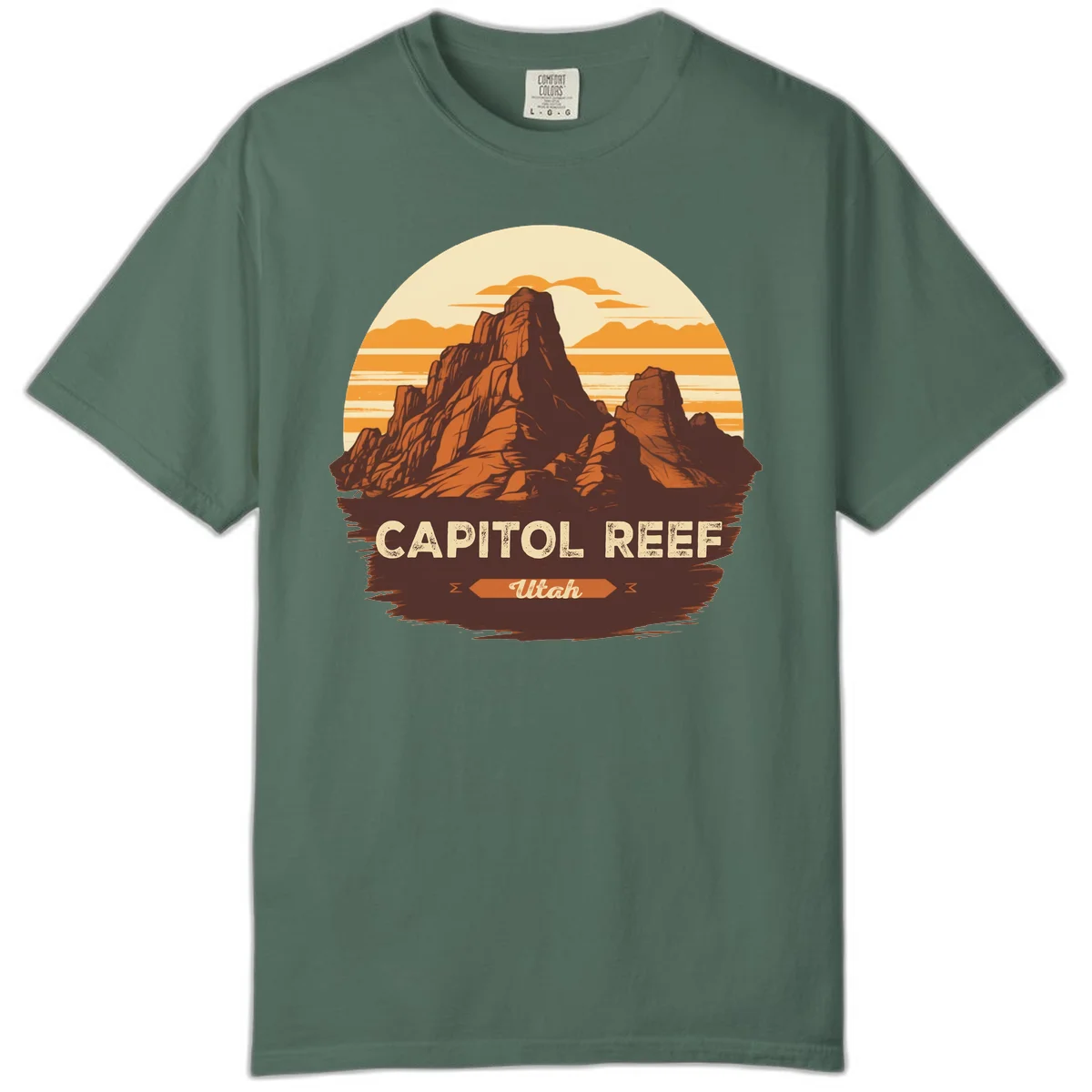 Vintage-style illustration of Capitol Reef Utah's dramatic desert rock formations and buttes against an orange sunset sky with cream clouds in Blue Spruce