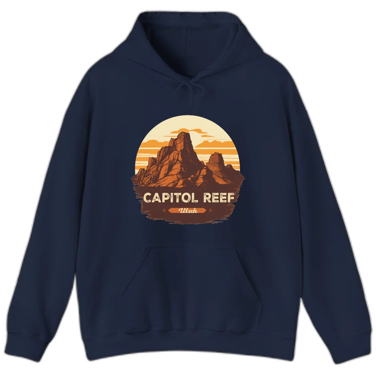 Vintage-style illustration of Capitol Reef Utah's dramatic desert rock formations and buttes against an orange sunset sky with cream clouds in Navy