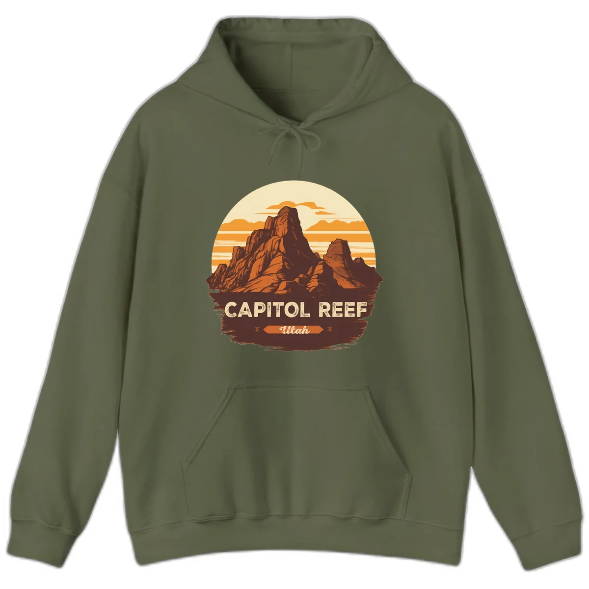 Vintage-style illustration of Capitol Reef Utah's dramatic desert rock formations and buttes against an orange sunset sky with cream clouds in Military Green