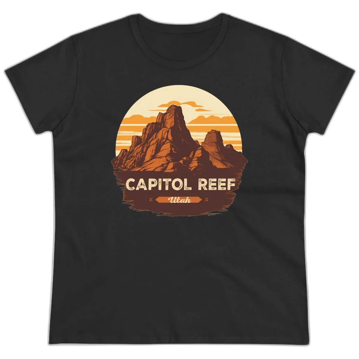 Vintage-style illustration of Capitol Reef Utah's dramatic desert rock formations and buttes against an orange sunset sky with cream clouds in Black