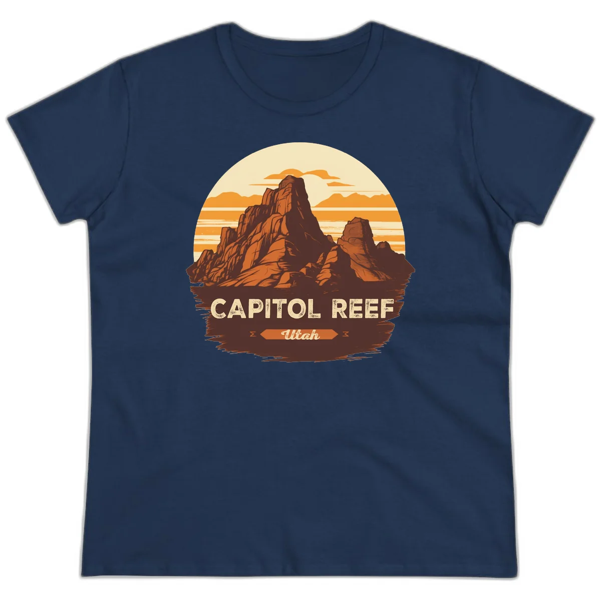 Vintage-style illustration of Capitol Reef Utah's dramatic desert rock formations and buttes against an orange sunset sky with cream clouds in Navy