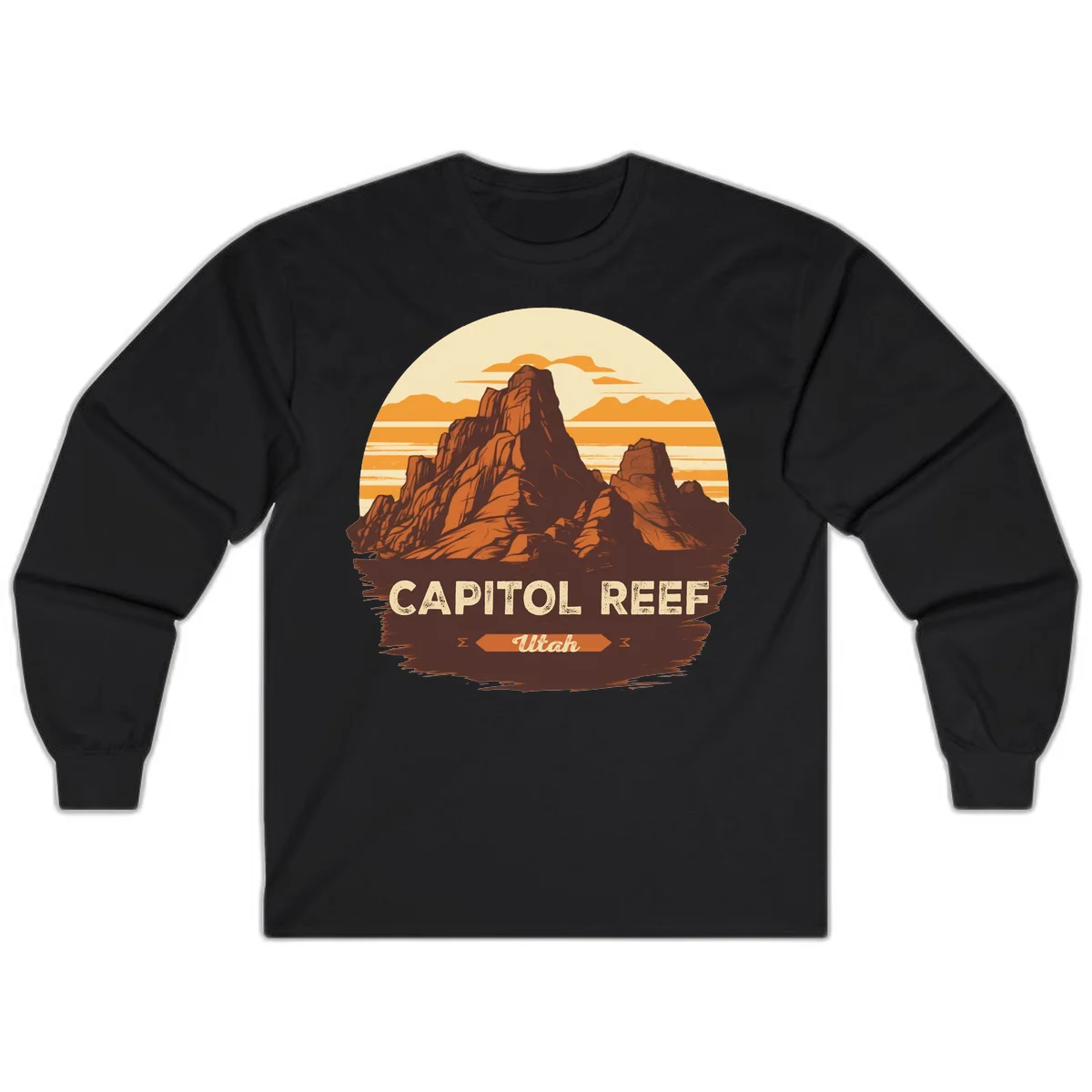 Vintage-style illustration of Capitol Reef Utah's dramatic desert rock formations and buttes against an orange sunset sky with cream clouds in Black