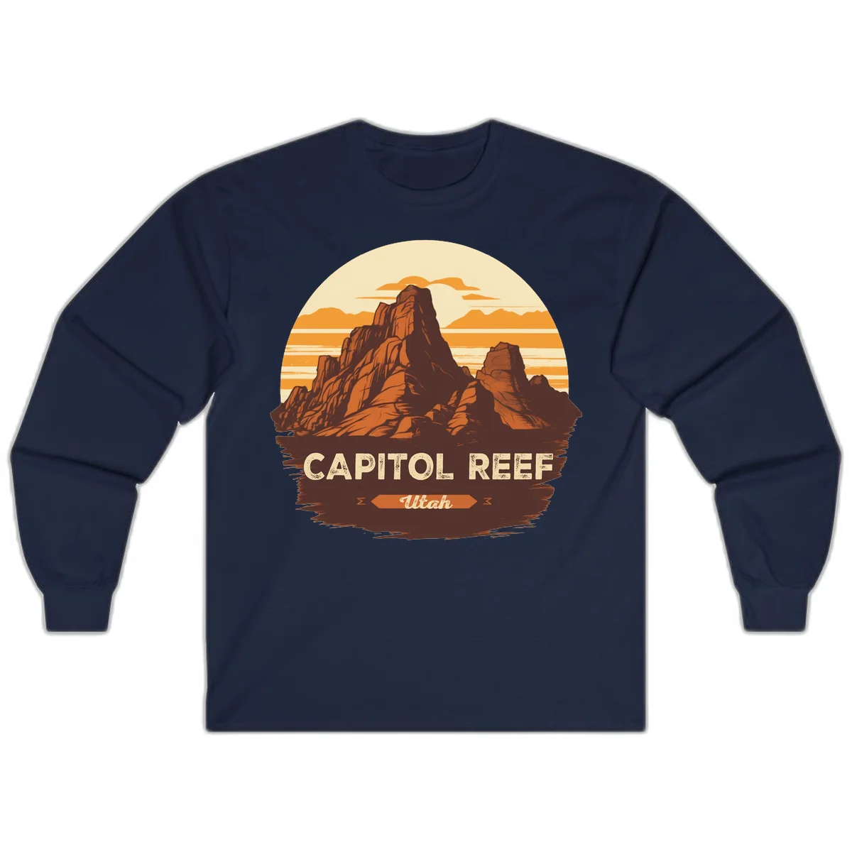 Vintage-style illustration of Capitol Reef Utah's dramatic desert rock formations and buttes against an orange sunset sky with cream clouds in Navy