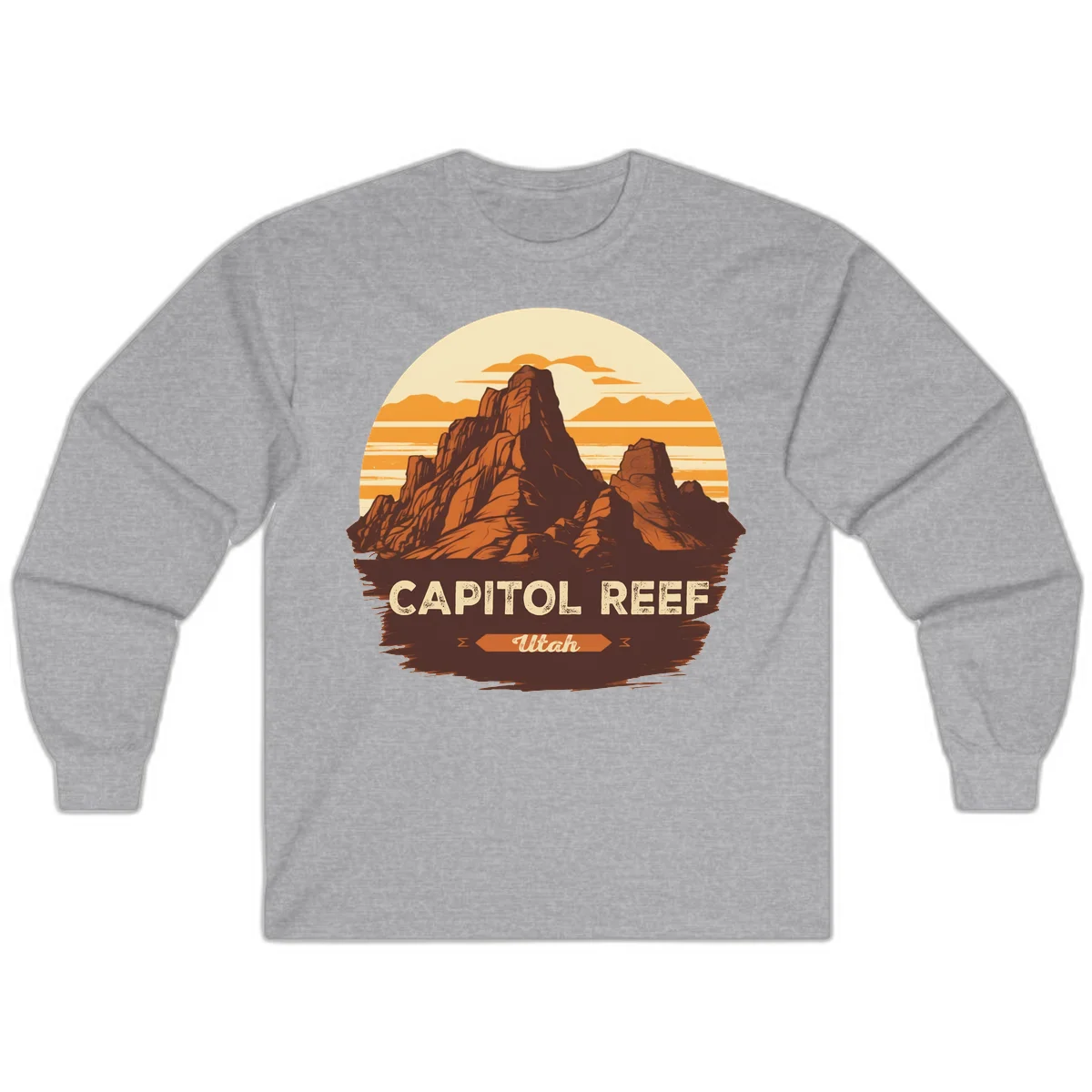 Vintage-style illustration of Capitol Reef Utah's dramatic desert rock formations and buttes against an orange sunset sky with cream clouds in Sport Grey