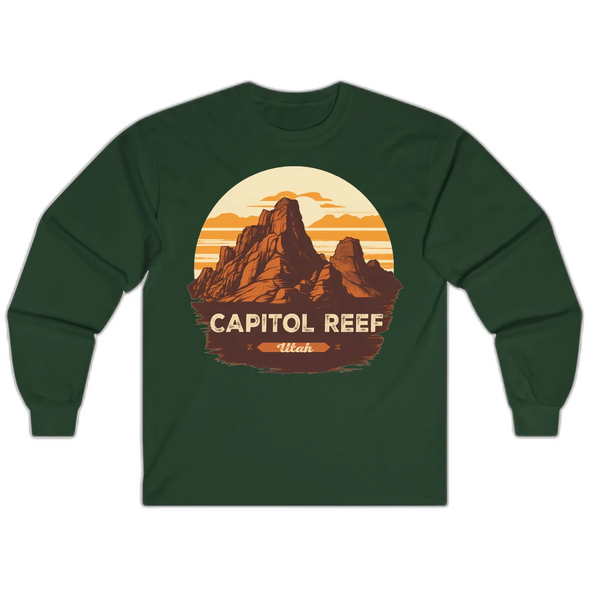 Vintage-style illustration of Capitol Reef Utah's dramatic desert rock formations and buttes against an orange sunset sky with cream clouds in Forest Green