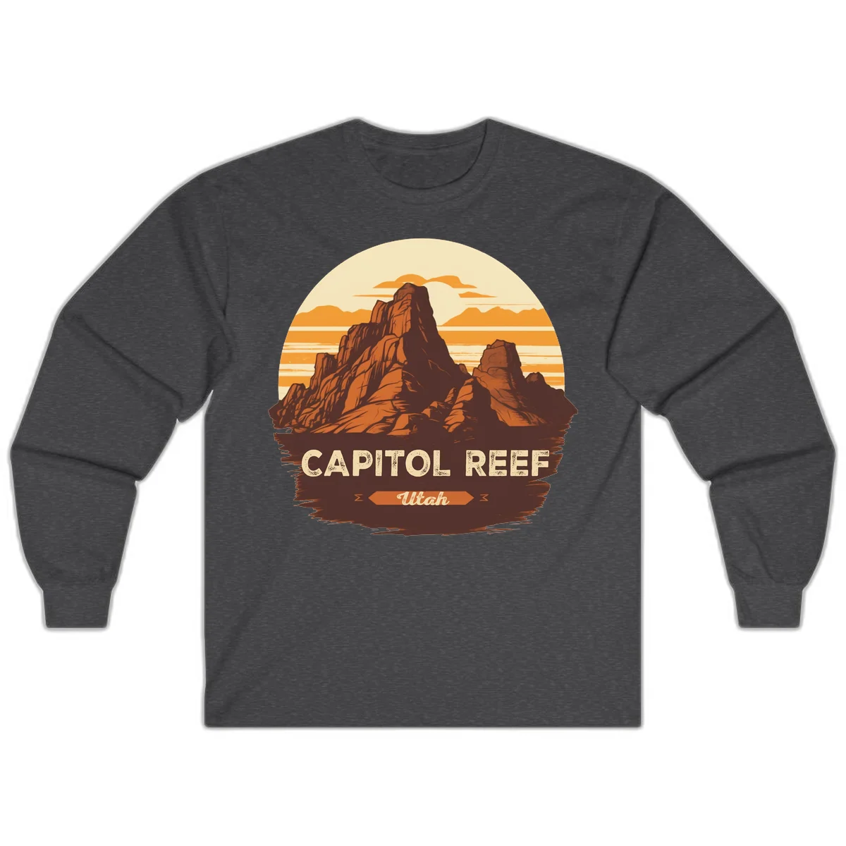 Vintage-style illustration of Capitol Reef Utah's dramatic desert rock formations and buttes against an orange sunset sky with cream clouds in Dark Heather