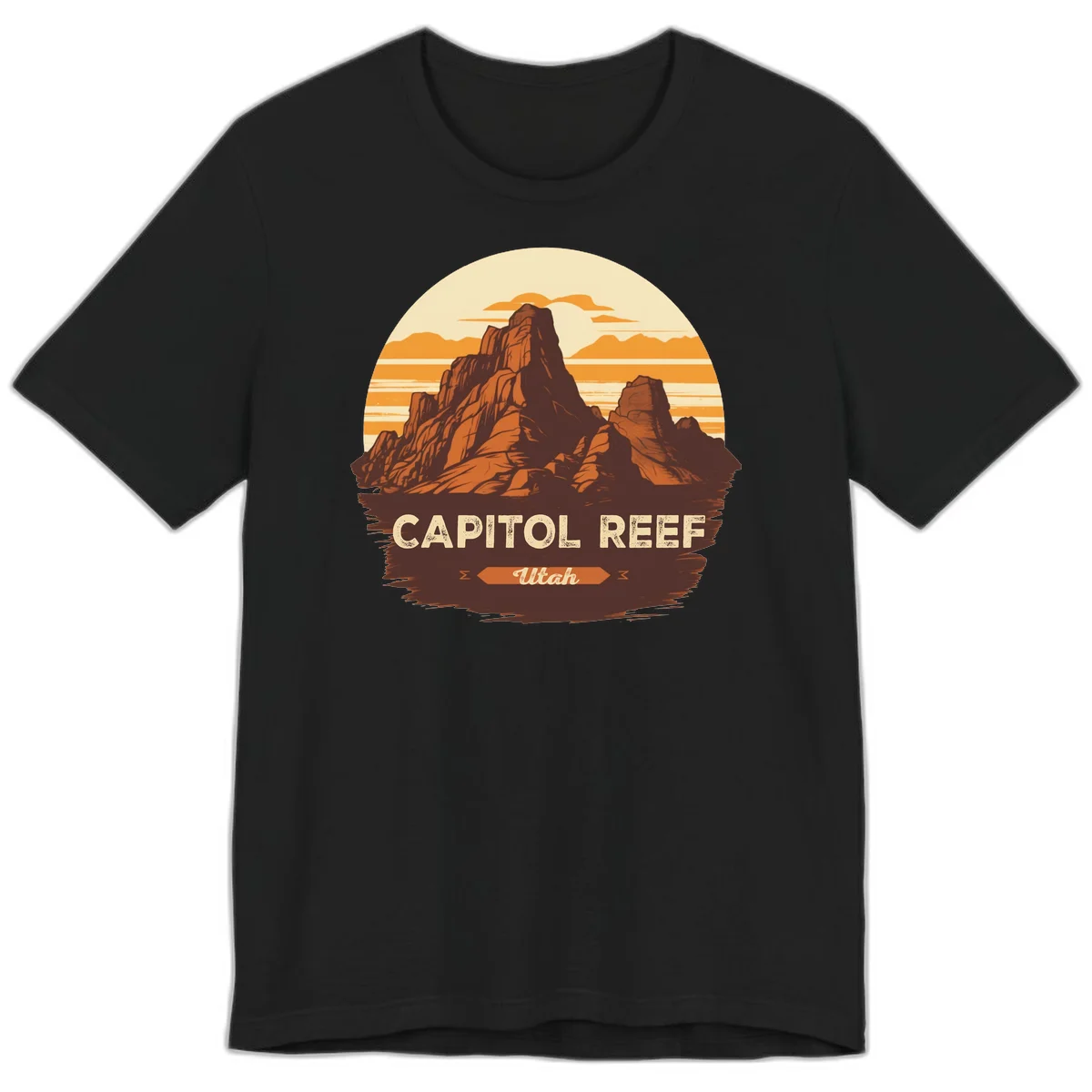 Vintage-style illustration of Capitol Reef Utah's dramatic desert rock formations and buttes against an orange sunset sky with cream clouds in Black