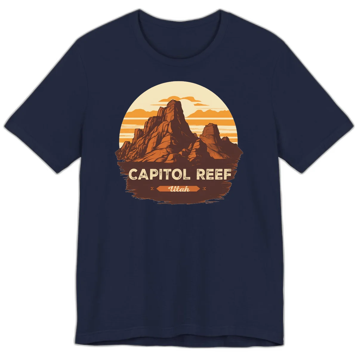 Vintage-style illustration of Capitol Reef Utah's dramatic desert rock formations and buttes against an orange sunset sky with cream clouds in Navy