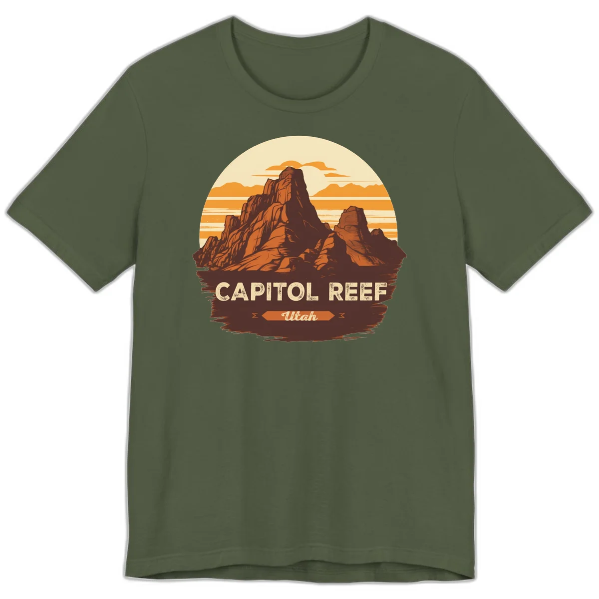 Vintage-style illustration of Capitol Reef Utah's dramatic desert rock formations and buttes against an orange sunset sky with cream clouds in Military Green