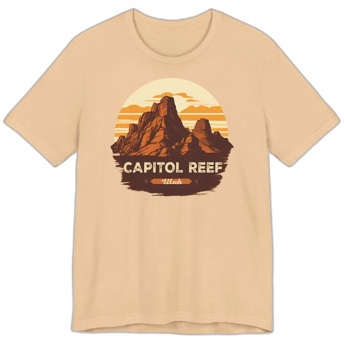 Vintage-style illustration of Capitol Reef Utah's dramatic desert rock formations and buttes against an orange sunset sky with cream clouds in Sand Dune