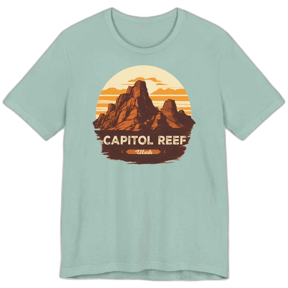 Vintage-style illustration of Capitol Reef Utah's dramatic desert rock formations and buttes against an orange sunset sky with cream clouds in Dusty Blue
