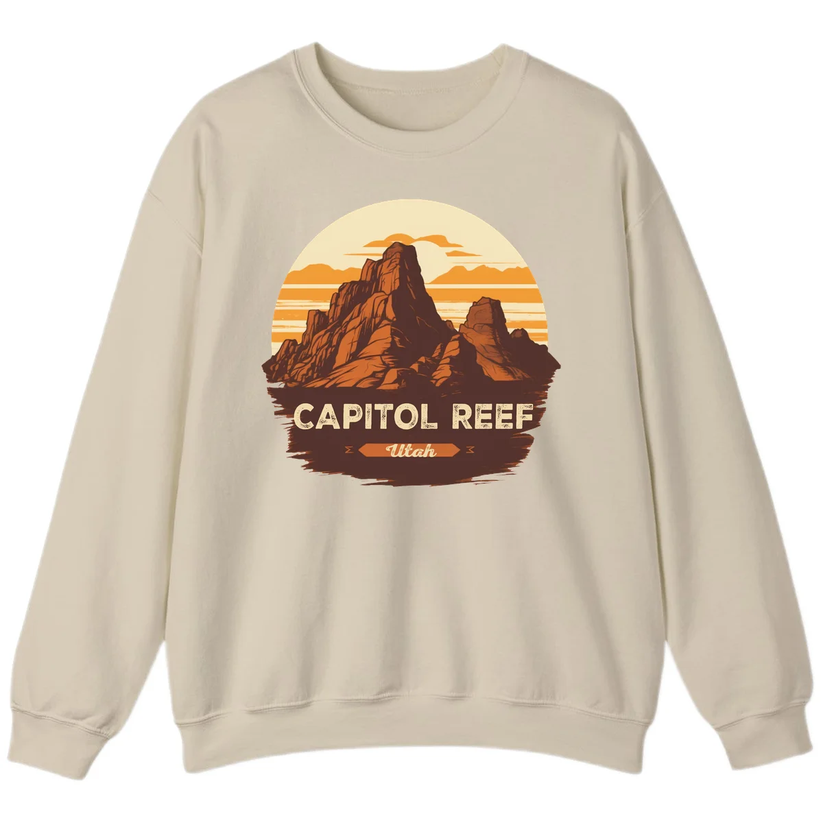 Vintage-style illustration of Capitol Reef Utah's dramatic desert rock formations and buttes against an orange sunset sky with cream clouds in Sand